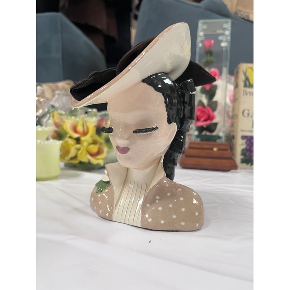 Vintage Nellie Lady Head Vase Beige & Hat Black Flower Display Planter Decor - Picture 3 of 10